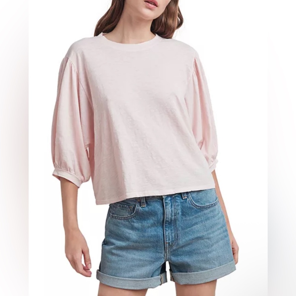 Anthropologie Velvet by Graham & Spencer Amara Puff Sleeve Top Small Pink Cotton